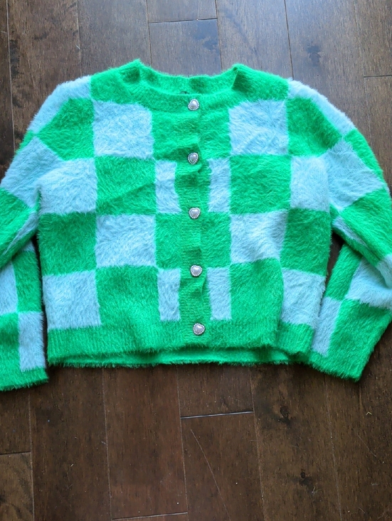 Lulus Sweaters - Lulu's Green and Light Blue Fuzzy Knit Cardigan